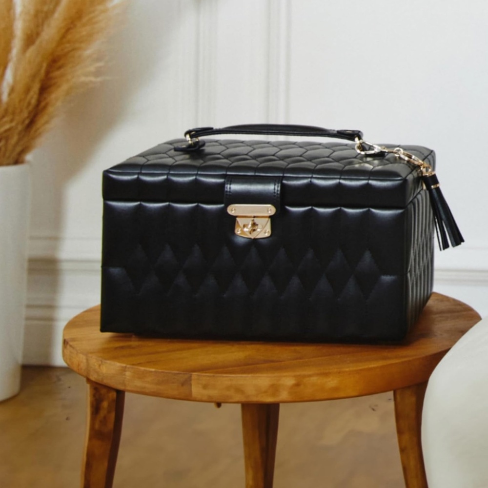 "Caroline" Black Leather Jewelry Case by Wolf, Size Medium, New in Box